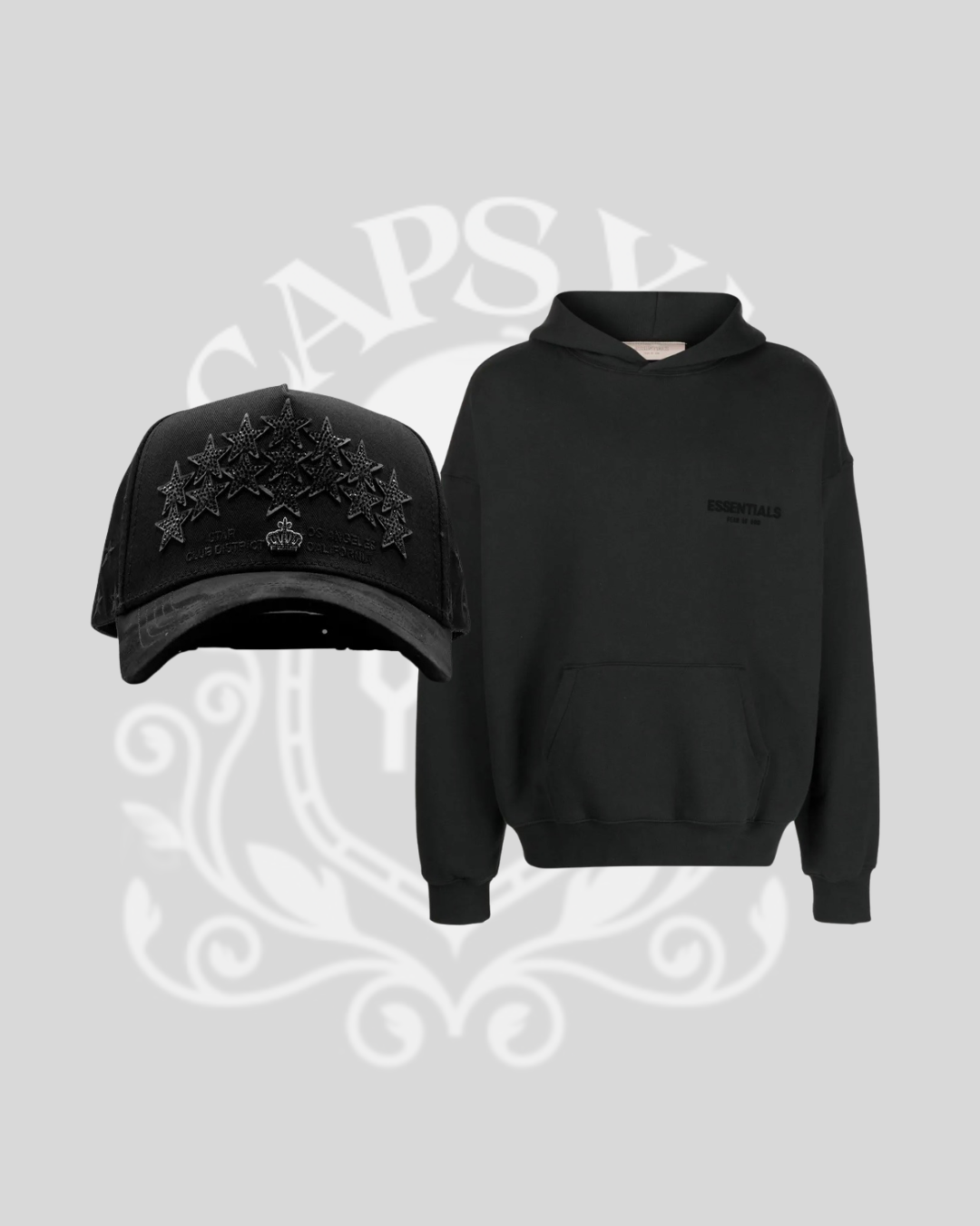 Combo Star Hats NY Black + Hoodie Essential Negra