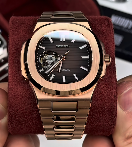 Seiko Mod Nautilus Oro Rosado Open Heart Automatico